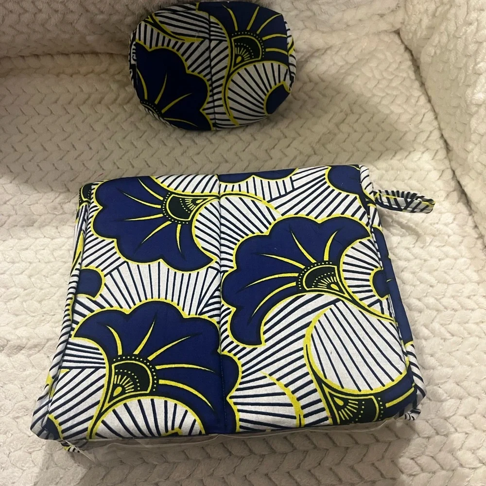 African Print Blue and Yellow Patterned Clear toiletry Bag. Has a smaller bag!